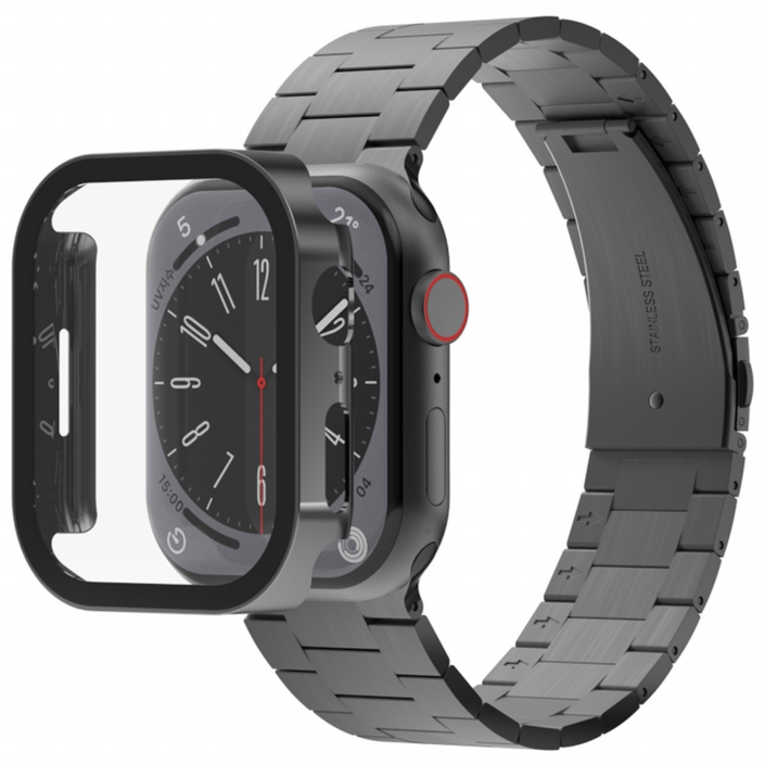 아이메이드잇 애플워치 호환 로이스 메탈 스트랩  풀커버 보호 일체형 케이스, 블랙