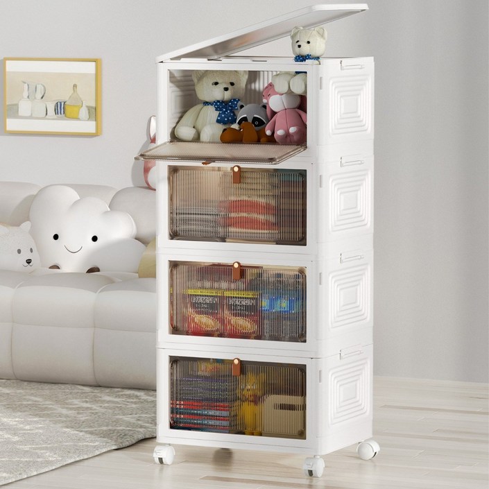 폴딩 대용량 리빙박스 수납장 대용량 수납 정리함 접이식 보관함 다용도 수납함 플라스틱 수납함 사물함 정리함 리빙박 스수납박스 대형가정용 장난감 수납장 옷정리함, 화이트, 4개