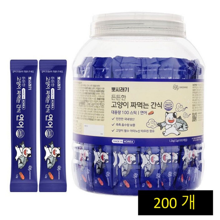 뽀시래기 든든한 고양이 짜먹는 간식 스틱 대용량, 연어, 12g, 200개