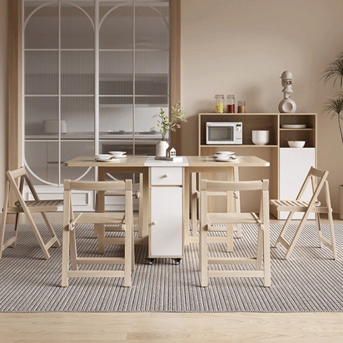 호메니아 튼튼한 접이식 테이블 거실 캠핑 테이블 식탁 세트, 1.5m 접이식 식탁(원목)+가죽의자 4개