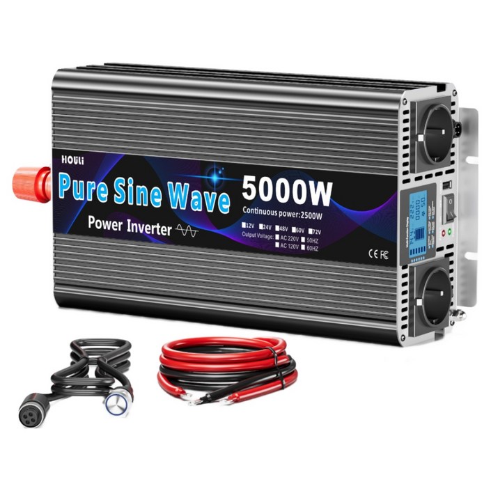 HOULI 5000W 순수 사인파 인버터, 12V, 자동차 및 캠핑용, 220V 60Hz, 한국형 AC+USB 듀얼 출력, LCD 디스플레이, 과열/과부하/단락 보호 기능, 1개