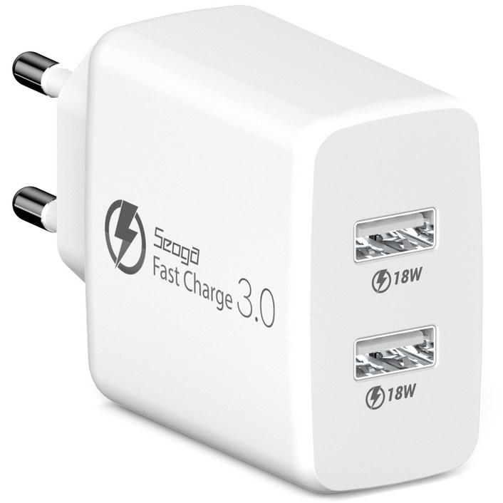 서가 36W 퀵차지 QC3.0 2포트 멀티 18W+18W 동시 USB 고속 충전기, 화이트, 1개