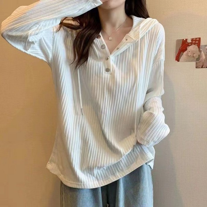 디멜디 여성용 버튼후드 골지 루즈핏 레이어드 긴팔 티셔츠