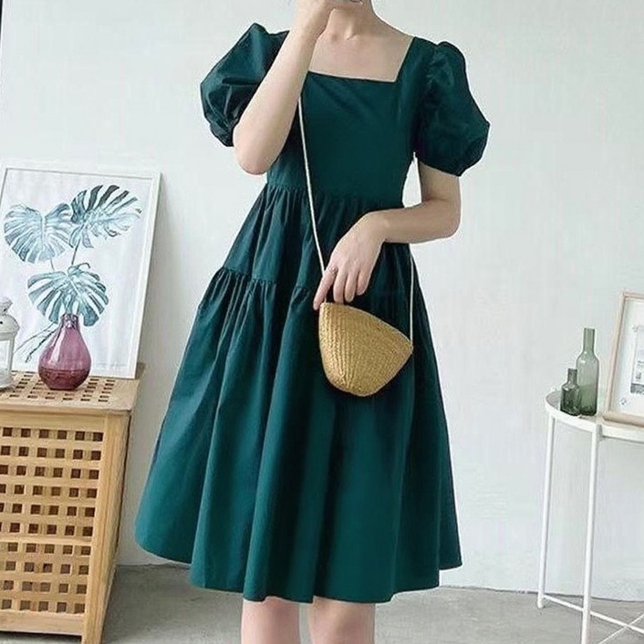 더시럽 여성용 스퀘어넥 퍼프 A라인 주름 미디 원피스