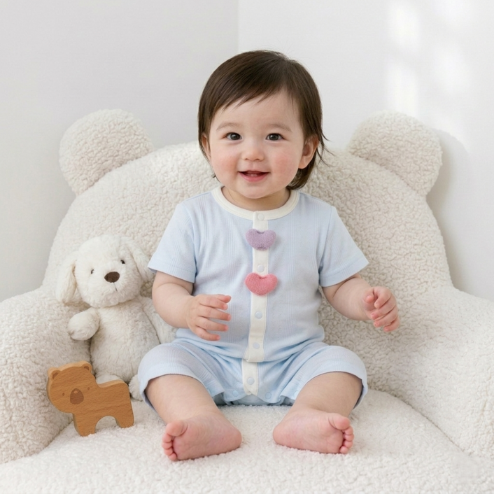 베베니즈 신생아용 통통입체 풀스냅 반팔 우주복