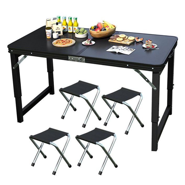 서치잇 접이식 테이블 노점 영업용 휴대용 캠핑테이블 3단 높이조절 알루미늄 식탁 실내 야외 다용도 테이블 의자 세트, 블랙