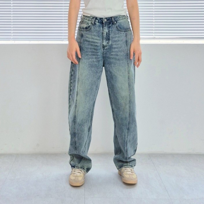 남녀공용 커브드 절개 빈티지 워싱 와이드 데님 팬츠 사계절 루즈핏 청바지 남자 여자 6size