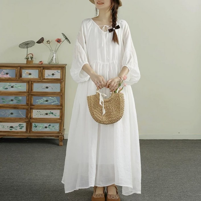 호미존 여름 신상 린넨 루즈핏 플로우링 솔리드 컬러 더블 레이어 롱 스커트 보헤미안 빈티지 모시 원피스 RN166