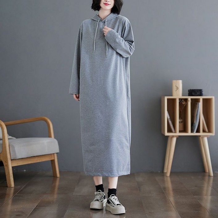 삼제태전 가을 시즌 여성용 V넥 후드 긴팔 순색 루즈핏 큰 사이즈 패션 포켓 있는 롱 후드 원피스