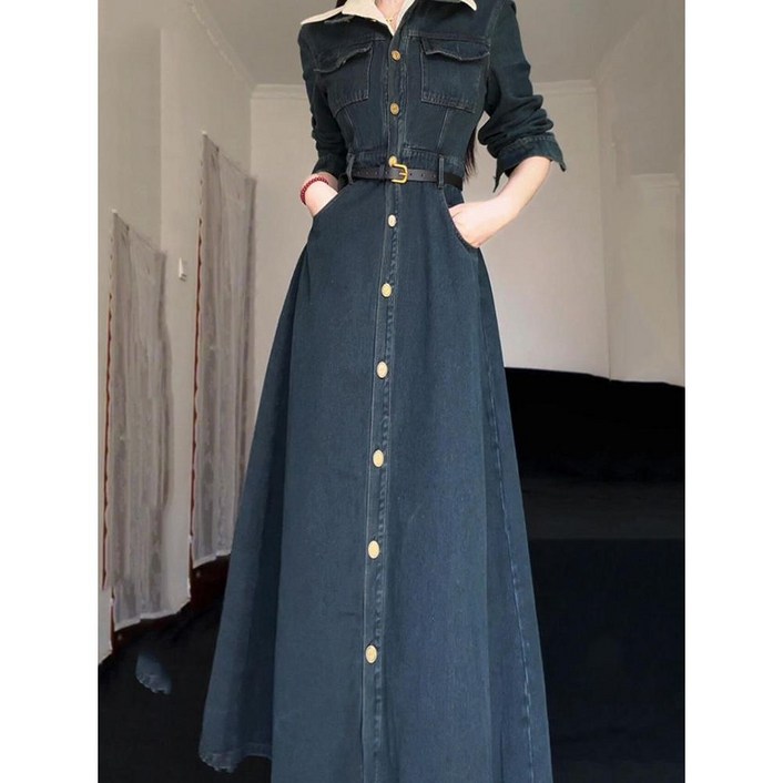 데님 롱 셔츠원피스 A라인 롱원피스 버튼업 벨트 청원피스
