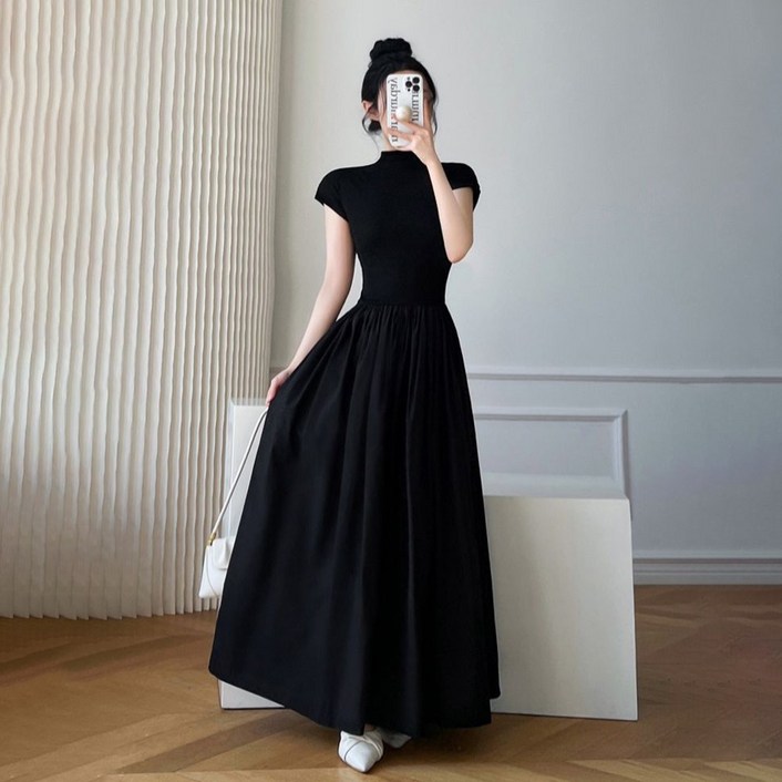 MOSAIRATION 여성 롱 원피스 반하이넥 반팔 허리조임 패치워크 A라인 원피스 I051409