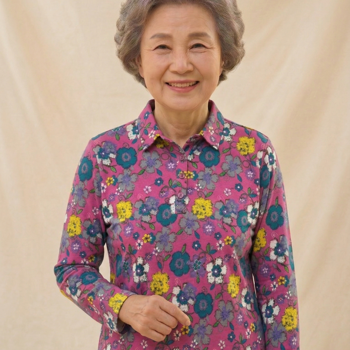 마그랜마 70대 80대 엄마 할머니 봄 가을 꽃무늬 카라 긴팔 스판 티셔츠 (감사엽서 패키지)