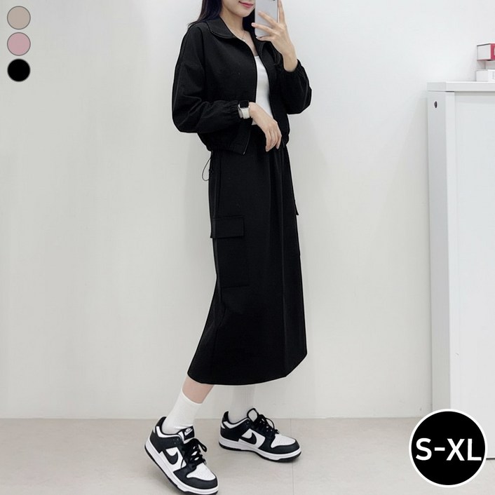 블레스유 여성 심플 아노락 긴팔 상하의 세트 바람막이롱스커트 빅사이즈