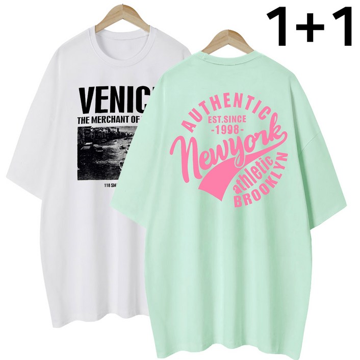 엠제이스타 여성 베니 스뉴욕 여름 반팔 루즈핏 롱 레터링 티셔츠 2장