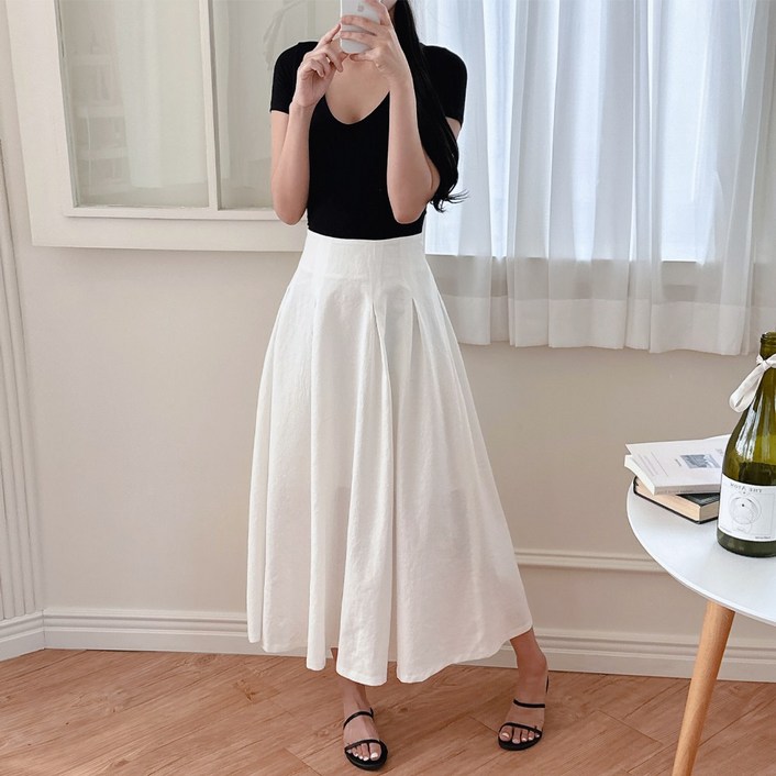 이푼아이 린넨 A라인 플레어 뒷밴딩 롱 스커트