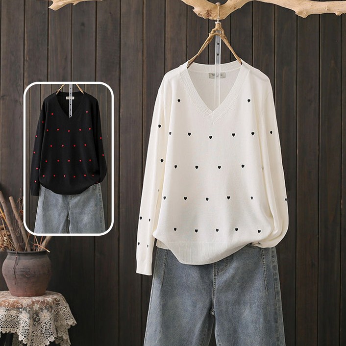 빅사이즈 여성 하트 브이넥 니트 티셔츠 루즈핏 날씬해 보는 니트티 스웨터 베이직
