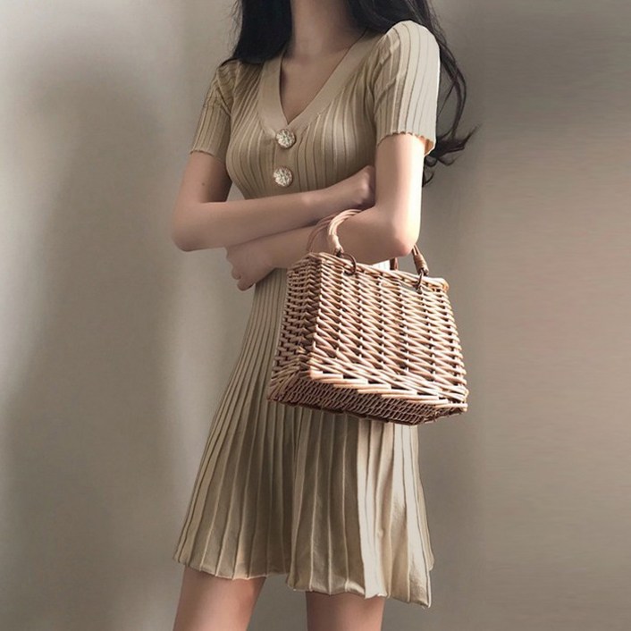 대박난박양 골지 버튼 반팔 원피스