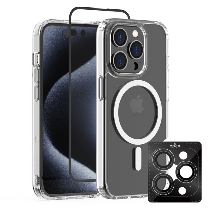 디자인스킨 아이폰15 프로 맥스 투명 맥세이프 휴대폰 케이스  프리미엄 강화유리 액정보호필름 1매  프리미엄 카메라 렌즈프로텍터 1매