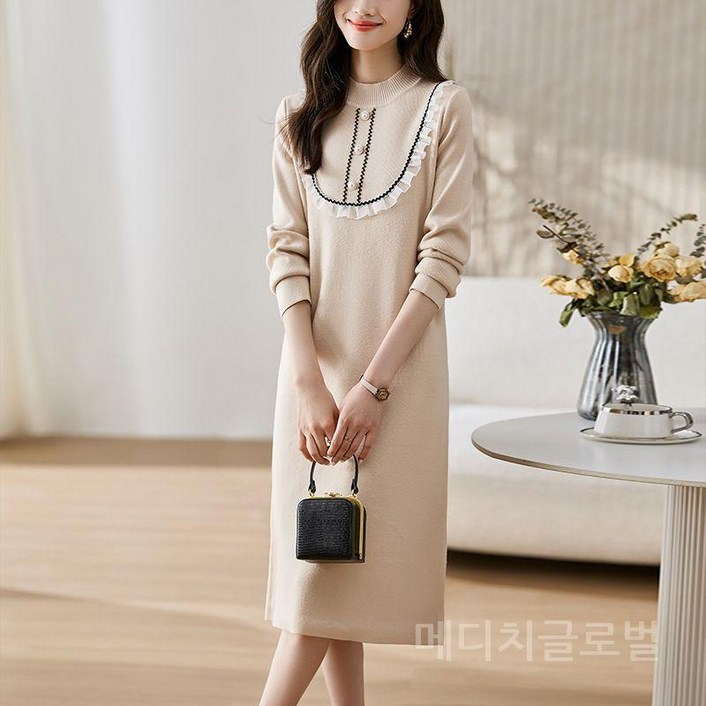 프릴 니트 긴팔 롱 원피스 긴 드레스 중년 엄마 예식장 결혼식 하객 가을 겨울 빅사이즈