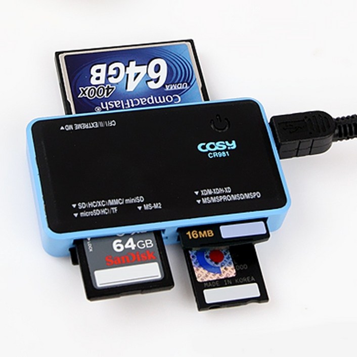 멀티카드리더기 <전자명품관> 블루 패널 6개 슬롯 멀티 카드리더기 SD/microSD/CF/MS/MS-M2/XD 등 117종 메모리카드 지원