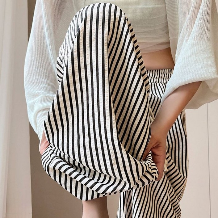 smile morli 시원한 스트라이프 와이드 바지 여성 팬츠