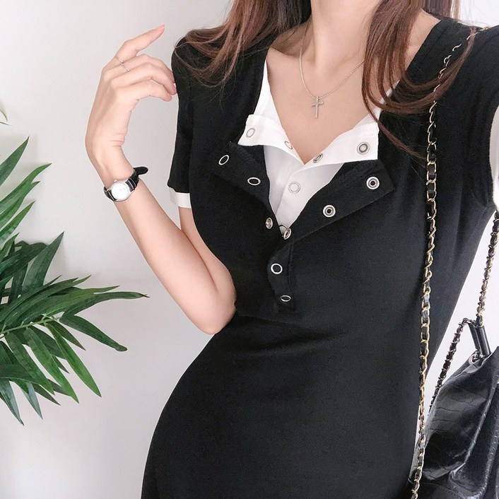 요시아나 당일발송 로안느 슬림핏 배색 레이어드 똑딱이 단추 스판 저지 롱원피스 2컬러