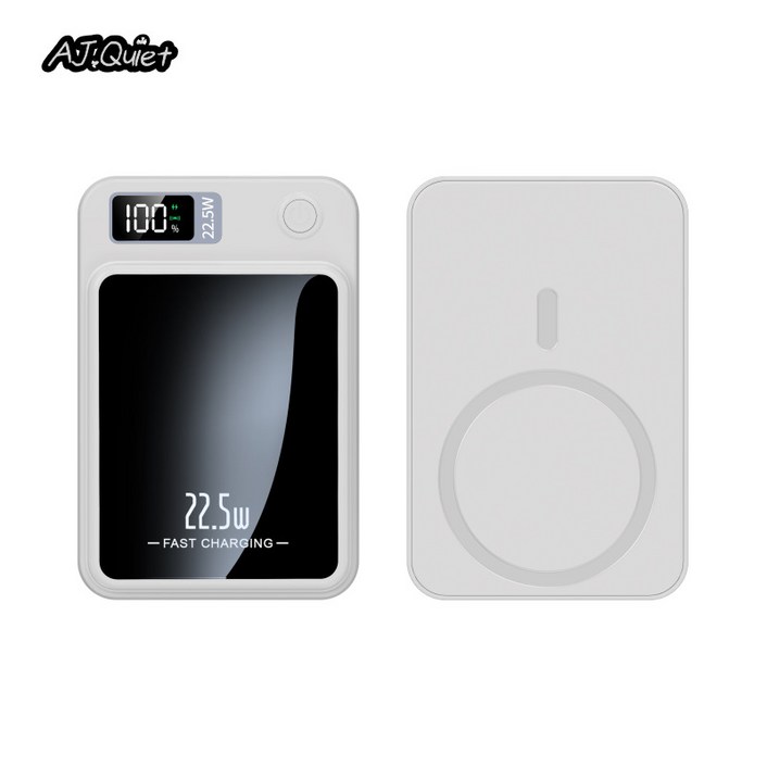 AJ.Quiet [정품]고급 대용량 22.5W 초고속 맥세이프 무선 충전 보조배터리 + USB C-type 케이블 + 맥세이프 링 스티커 10000mAh, 클래식 화이트