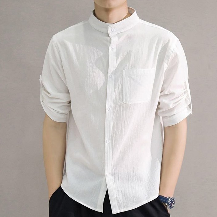 POMTOR 남성 여름 면 린넨 포켓 롤업 셔츠 남방 하이넥 슬림 루즈핏  셔츠