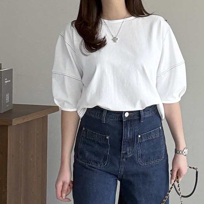 행복여 파인드 스티치 벌룬 퍼프 소매 반팔 티셔츠