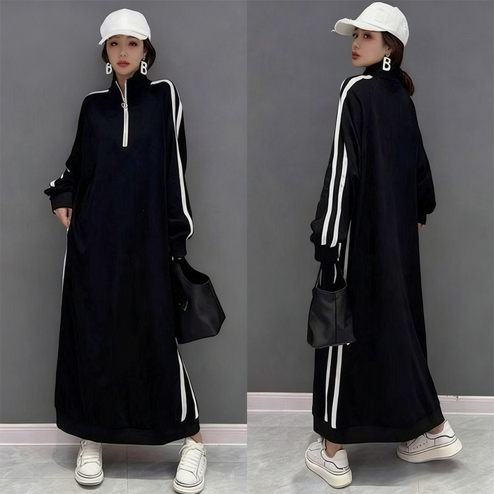 오스틱니 [150kg까지 날씬해보이는] 원피스 여성 가을 스트라이프 반집업 칼라 제인드 맨투맨 오버핏 이너 긴팔 캐주얼 패션 데일리 클래식배색 빅사이즈 오버사이즈 롱 원피스