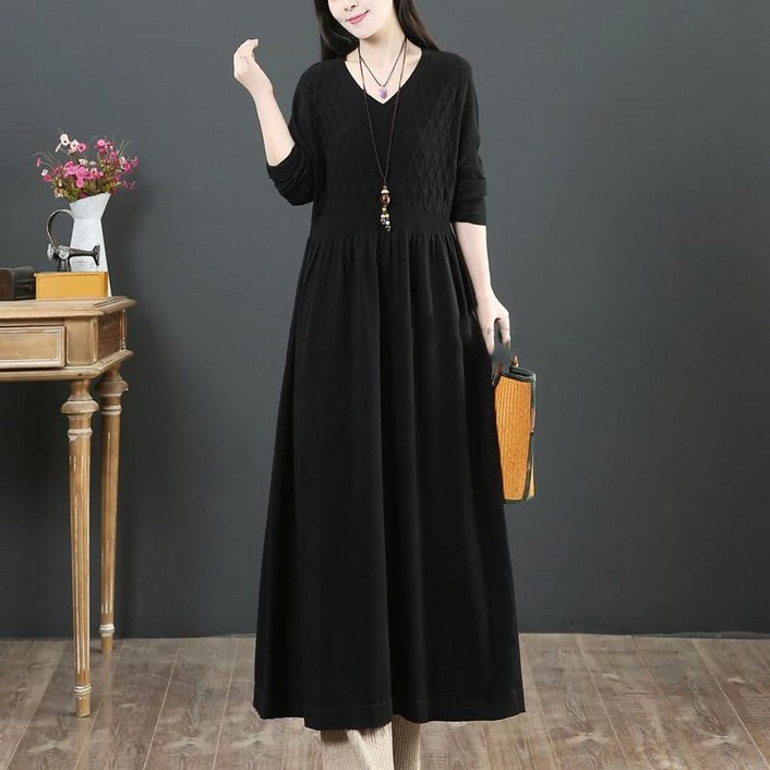 중년 여성용 롱 원피스 봄 가을 롱 니트 원피스 V넥 여유로운 착용감 심플 스타일 JS
