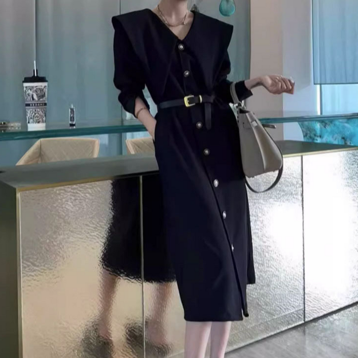 도오빠 몬드몰라 여성 원피스 하객룩 블랙 롱 셔츠원피스 빅카라 여자원피스 ~55