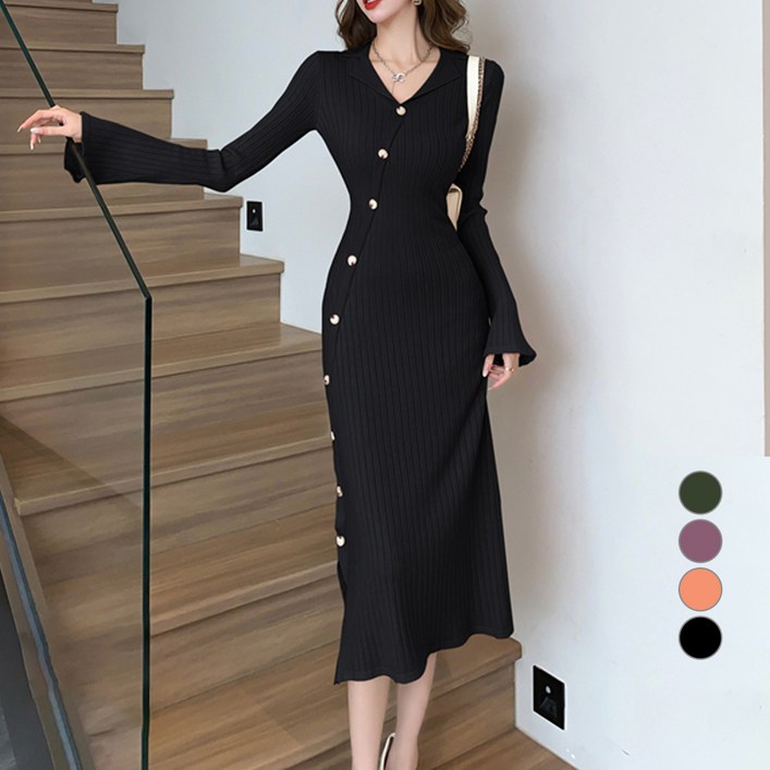 페이퍼먼츠 사이드 단추 포인트 롱 니트 원피스 08400