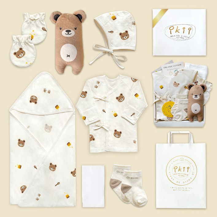ikii 신생아 오가닉 말띠 배냇저고리 반소매 출산선물 7종 세트  쇼핑백