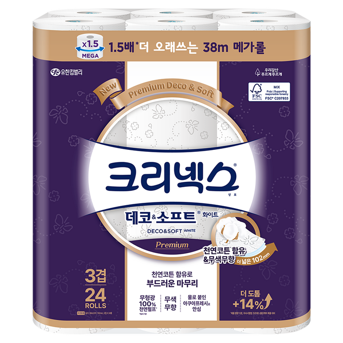 크리넥스 데코 앤 소프트 화이트 천연펄프 3겹 고급롤화장지, 38m, 24개입, 1개