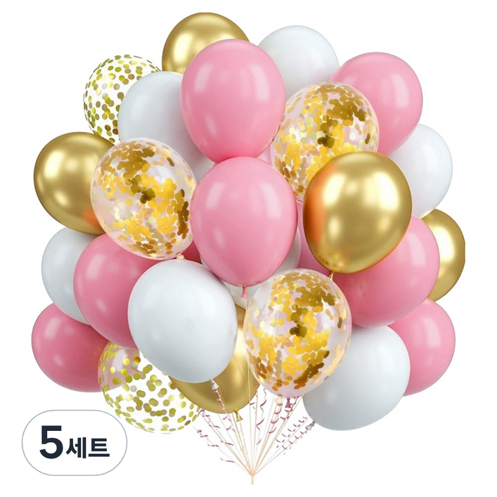 코히모 컨페티 크롬메탈 혼합풍선 30cm 4종 60p  리본끈 세트 5W0354, 5세트, 레트로핑크, 골드, 골드컨페티, 화이트
