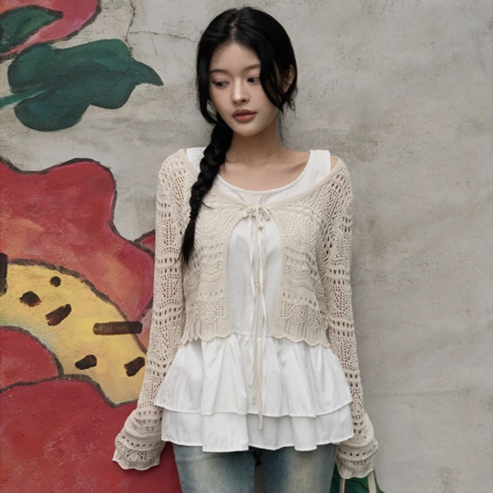 여성용 리본 크로쉐 니트가디건