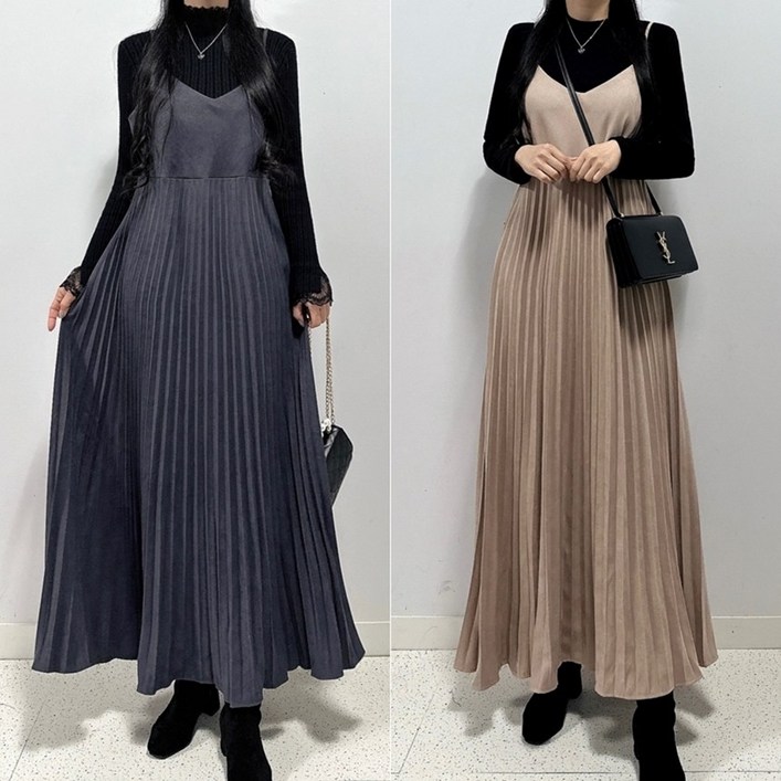 매일리룩 빅사이즈 주름 뷔스티에 플리츠 레이어드 겨울 맥시 롱 원피스