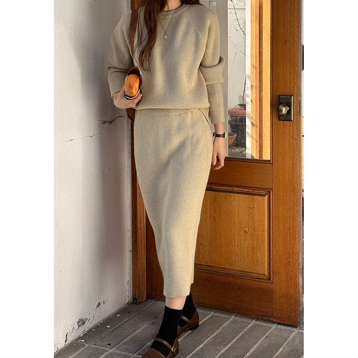 여리핏 봄가을 니트셋업 울 투피스 캐시미어 롱스커트 코디세트 데일리 고퀄 청담룩 하객룩
