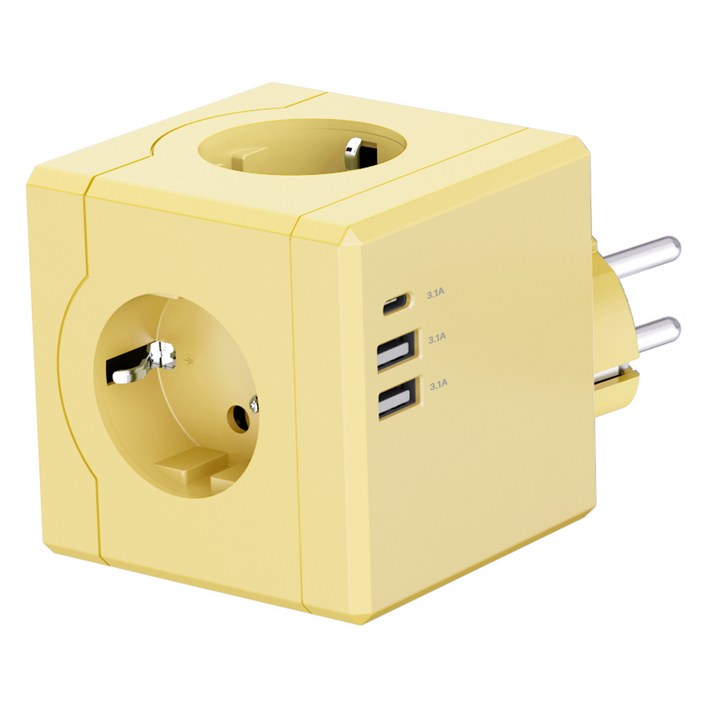 티메코 SF코팅 큐브 디자인 멀티탭 4000W 고용량 3구 USBA 2개 C타입 1개, 1개, 옐로우 SF01, 7.6cm