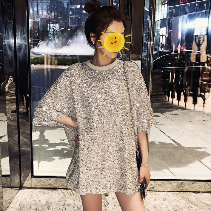 뚱뚱한 MM 빅 사이즈 스팽글 반팔 티셔츠 레깅스 신상 루즈핏 원피스 패션..