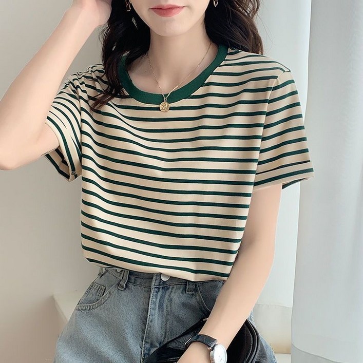 COSYEVNO 여성 스트라이프 티셔츠 라운드 여름 반팔 상의 COSYEVNO 여성 스트라이프 티셔츠 라운드 여름 반팔 상의