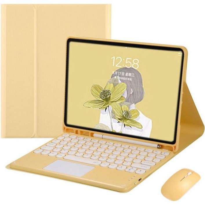 갤럭시 탭 A8 10.5 2022 SMX200X205X207용 터치패드 키보드 케이스와 마우스 슬림 폴리오 스마트 케이스 커버 귀여운 원형 키 무선 S펜 홀더 노란색