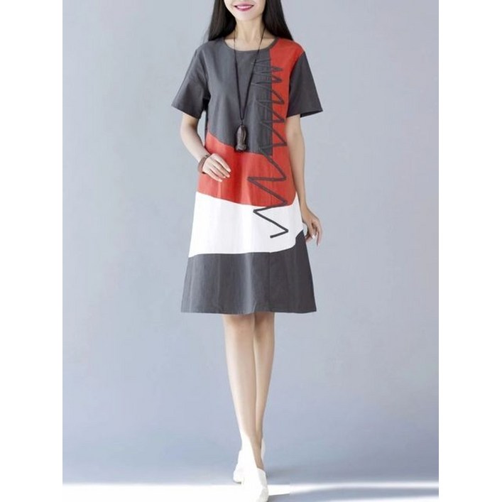 여성 새로운 여름 면과 린넨 반팔 o넥 a 라인 캐주얼 느슨한 원피스 241