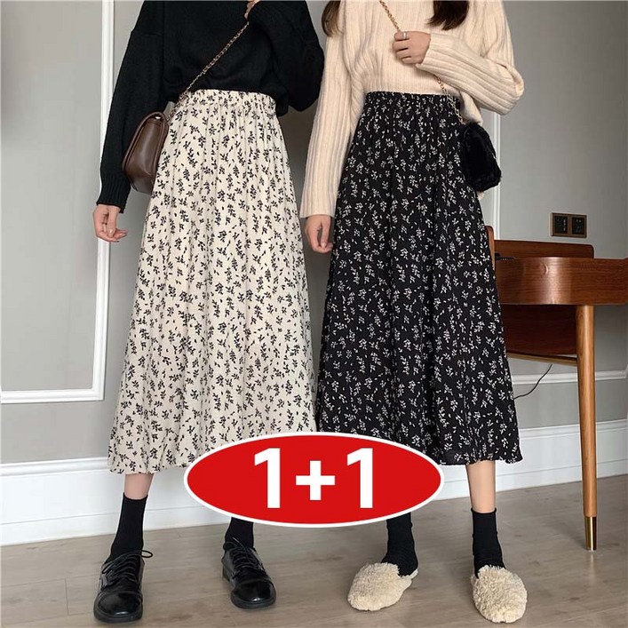 TIMEPURE 11 봄여름 신상 여성용 플라워 프린트 미디 스커트 빈티지 캐주얼 오버사이즈 에이라인 신축성 밴딩 슬림핏 꽃무늬 스커트