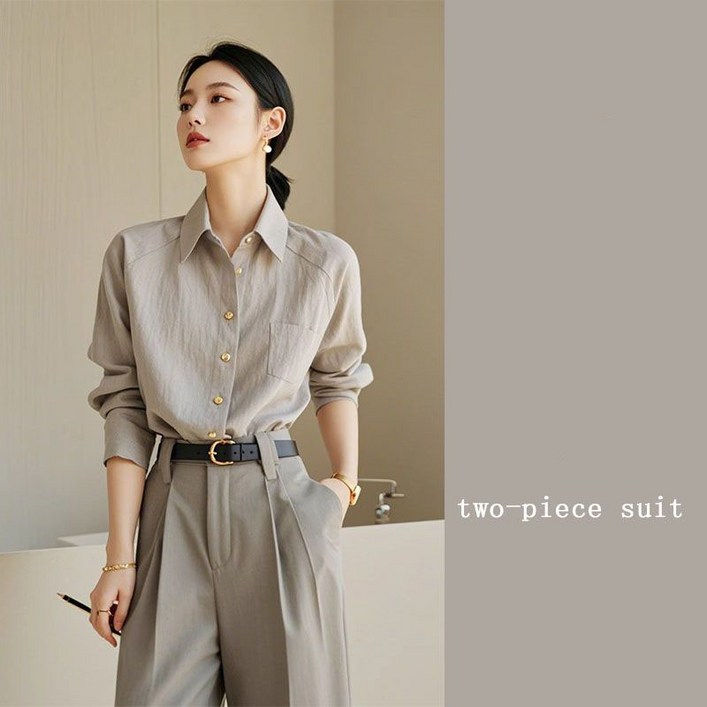 여성 정장 투피스 세트 여성용 미니멀리스트 스타일 고급스러운 컬러 얇은 셔츠 바지 세트 LCL