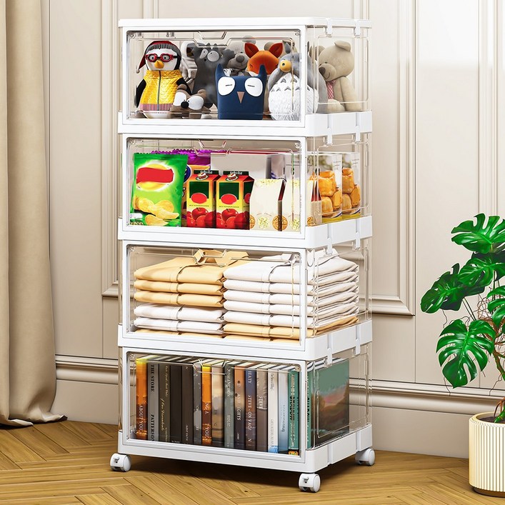 Ruesious 폴딩 수납장 리빙박스 수납 정리함 접이식 보관함 다용도 수납함 플라스틱 수납함 사물함 정리함 리빙박 스수납박스 대형가정용 장난감 수납장 옷정리함,길이 38cm, 4단, 투명