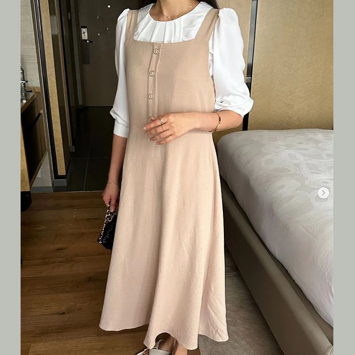 뷔스티에 벨트 세트 플레어 민소매 가을 롱원피스