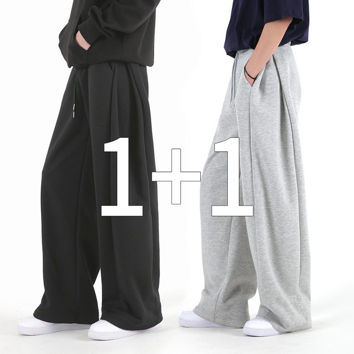 오버나인 1+1 남자 사이드 핀턱 옆트임 바지 와이드 트레이닝 팬츠