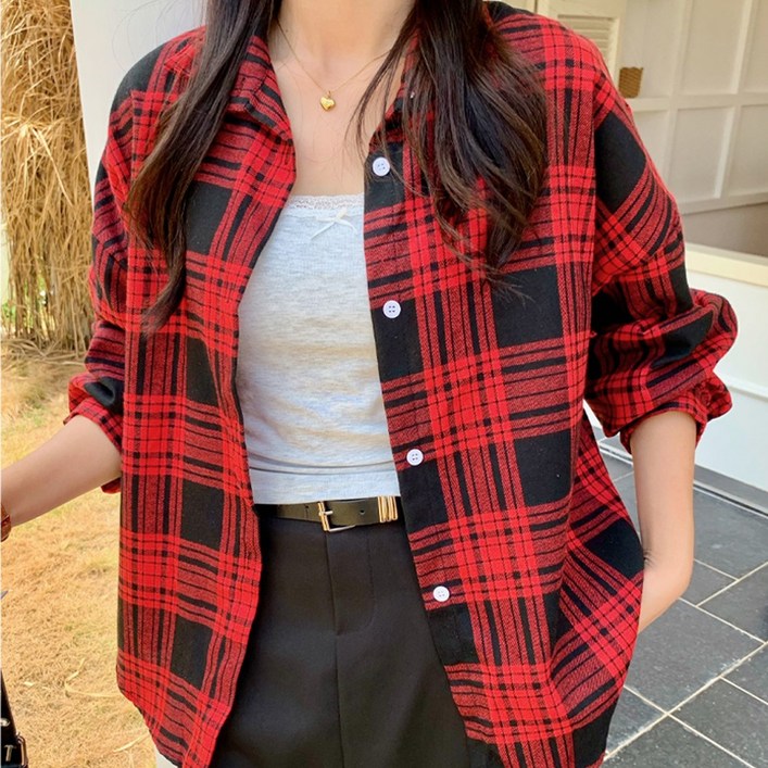 탐리프 여성 봄가을 루즈핏 체크 남방 체크셔츠